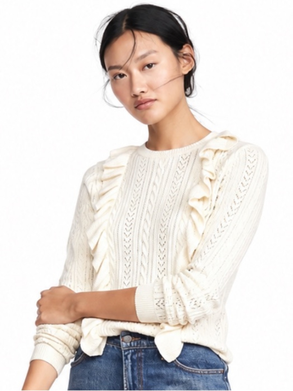 Trovata Birds of Paradis Cream Merino Wool Ruffle Cable Knit Sweater Large EUC!
